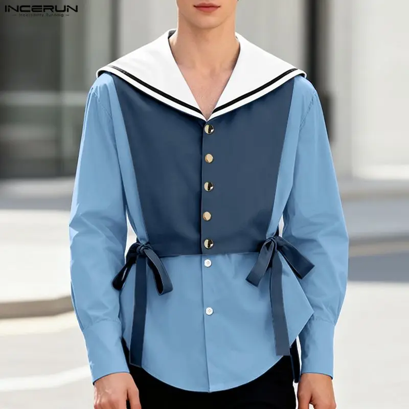 INCERUN Men Shirt Patchwork Color-block Navy Collar Long Sleeve Men Clothing Spring Streetwear Korean Style Fashion Casual Tops