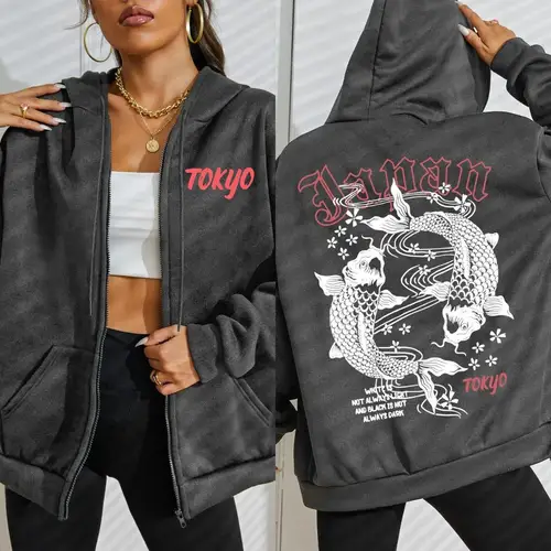 Imagen 1 del producto Sudadera con capucha con estampado de pez Koi de Japón Tokyo Harajuku para mujer, ropa deportiva suave, sudaderas con cremallera de calle, ropa deportiva informal de lana de otoño