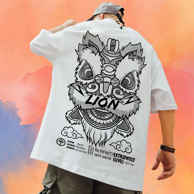 Summer Men's Printed Tops Lion Dance Short Sleeve Y2K T-Shirt 2025 Fashion Oversized T Shirt Harajuku Hip Hop Tees Streetwear