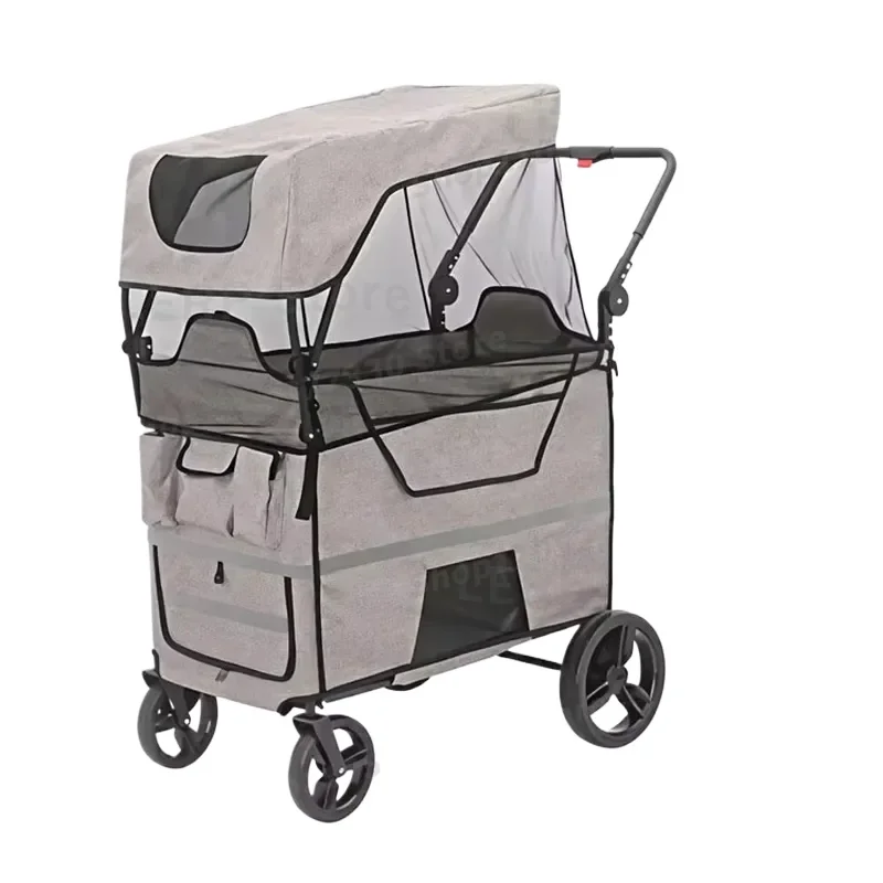 Foldable Kids Wagon with Canopy Push Pull Cart for Camping Shopping Outdoor Travel Sturdy Steel Frame Children Utility Wagon