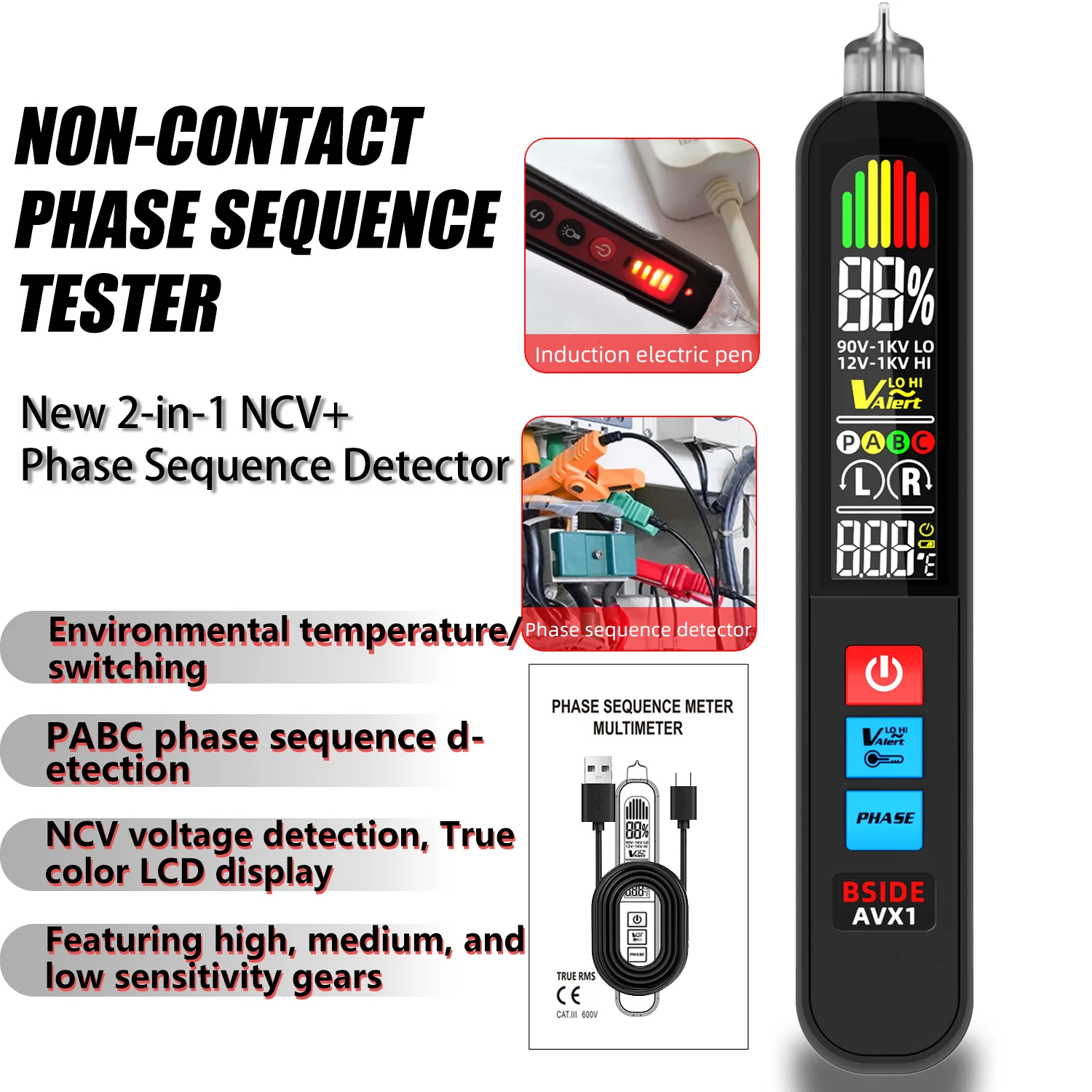 Stylo testeur de tension numérique de haute précision, double plage AC12-1000V NCV + détecteur de séquence de Phase, crayon de Test d'induction sans contact