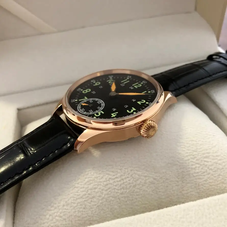 Customized New 41mm No Logo Black Luminous Bial Asian 6498 17 Jewels Mechanical Movement Rose Gold Pilot Men\'s Watch GR18-23