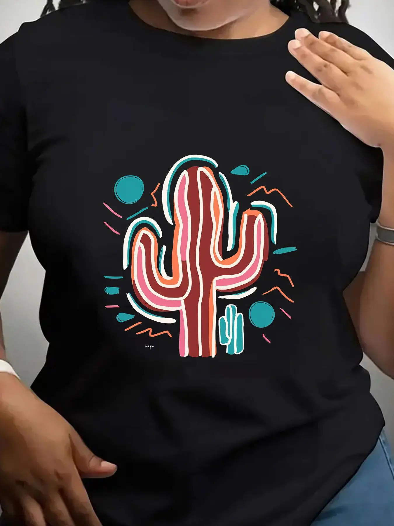 Women's Trendy Crew Neck T-Shirt Colorful Cactus Graphic Tee Design Suitable for Casual Sportswear