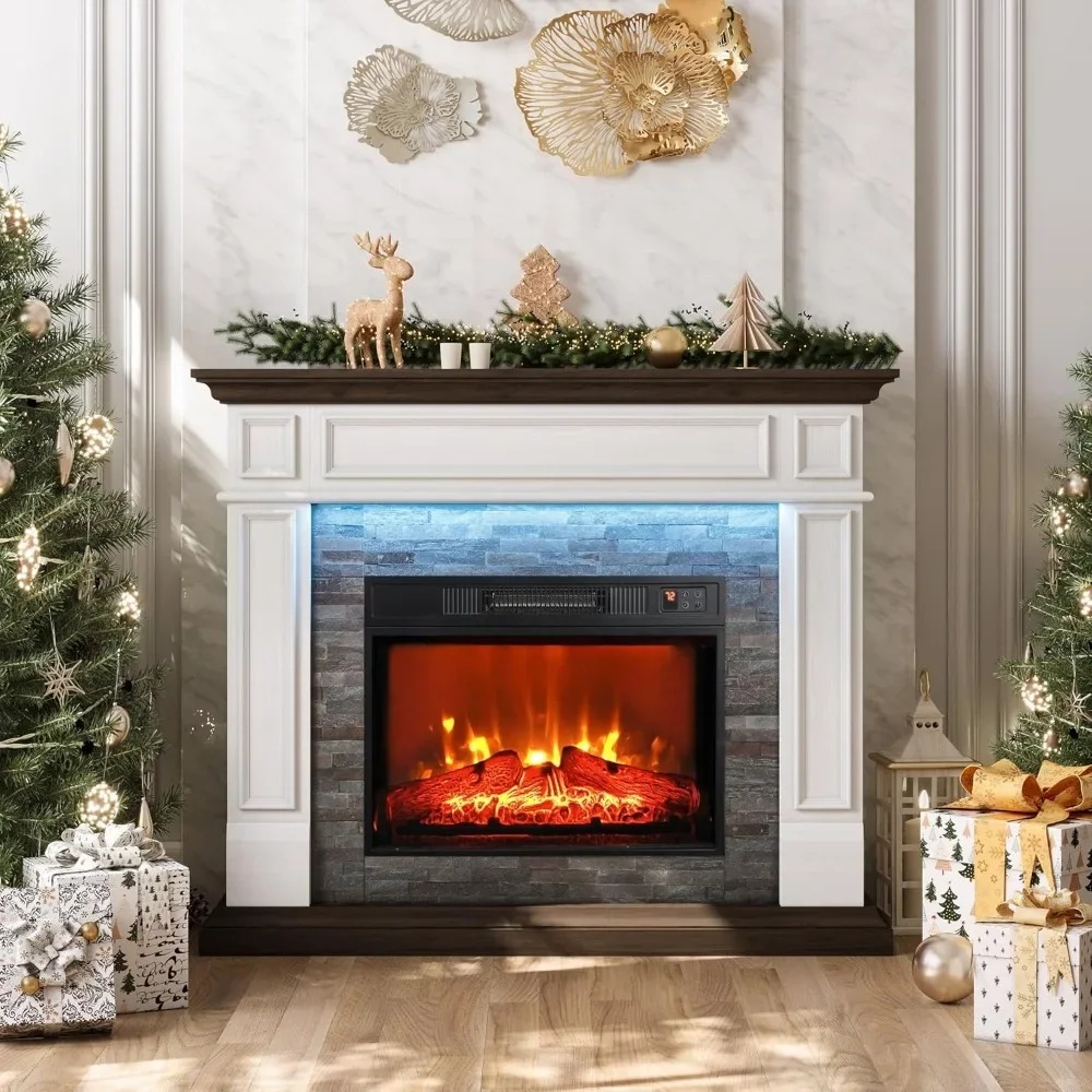 LED Electric Fireplace with Mantel, Portable Freestanding Wood Stove Heater, Realistic 3D Dancing Flame LED Effect