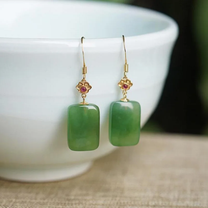 New in Ethnic Style Natural Hetian Jade Earrings for Women Classic Eardrop Simple Jewelry Cheongsam Hanfu Accessories