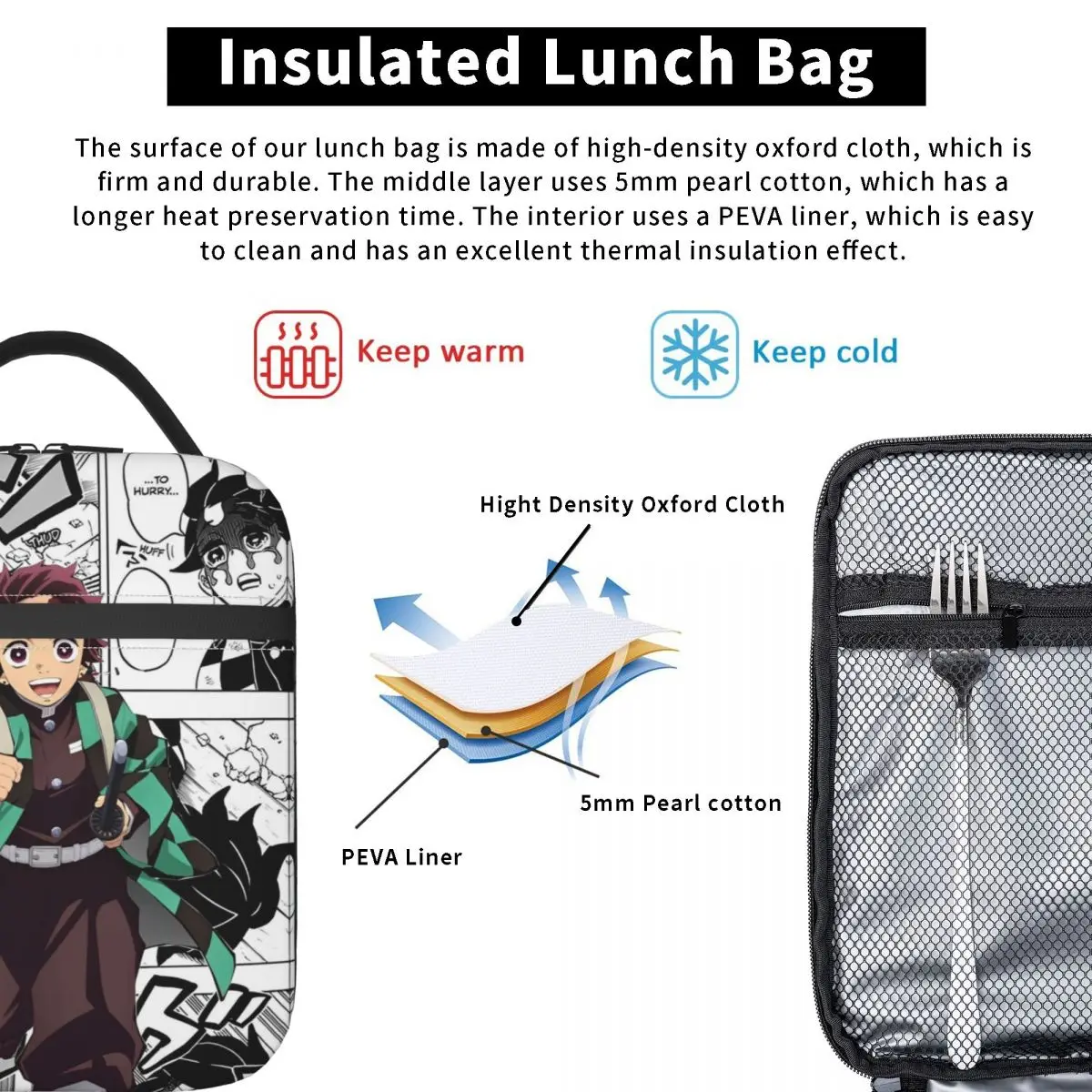 Demon Slayer Tanjiro Kamado Anime Geïsoleerde Lunchtas Lekvrije Lunchtas Koeltas Draagtas Lunchbox Strandpicknick Meisje Jongen