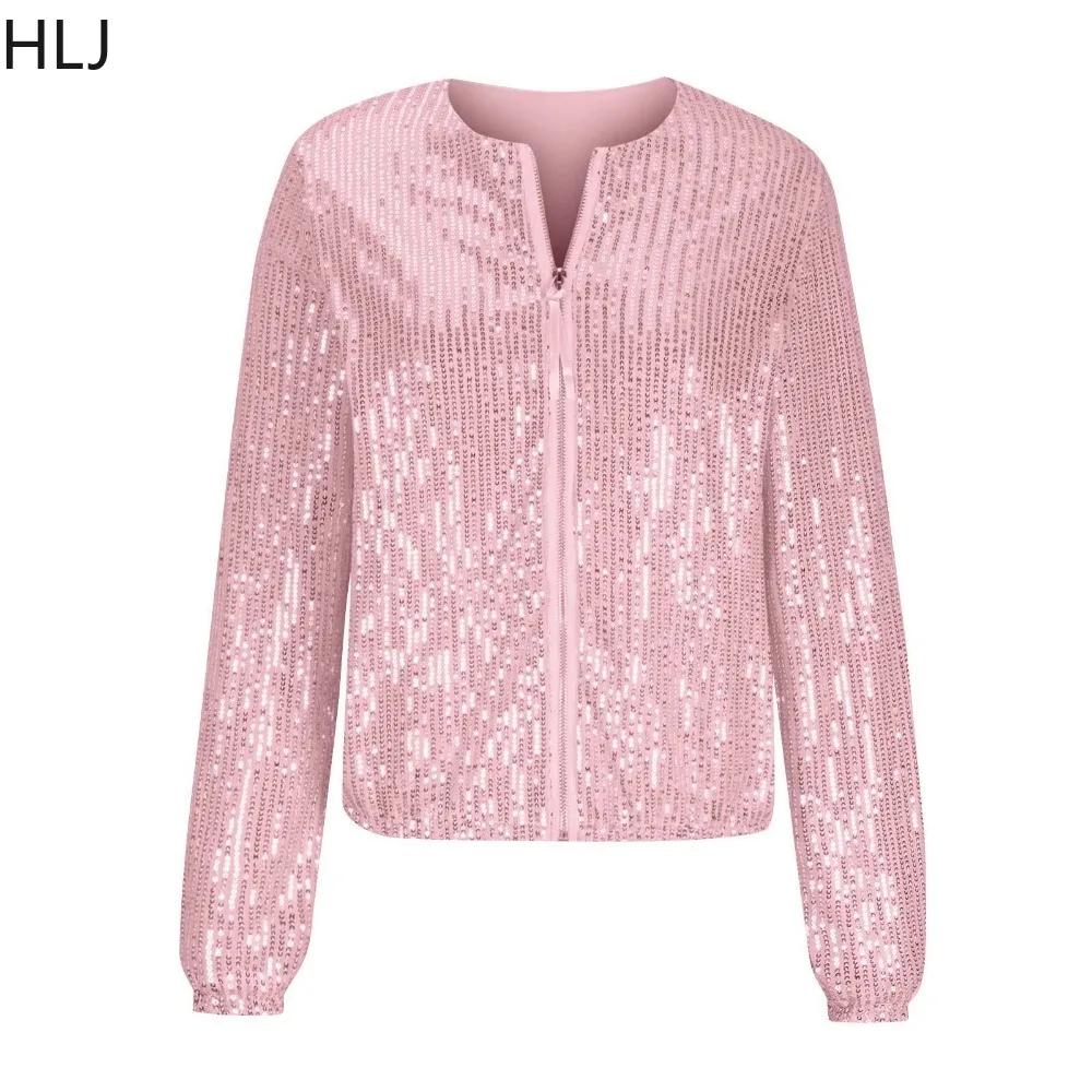 HLJ Autumn New Sequin Zipper Slim Coats Women Round Neck Long Sleeve Streetwear Fashion Female Sparkling Clubwear Clothing 2024