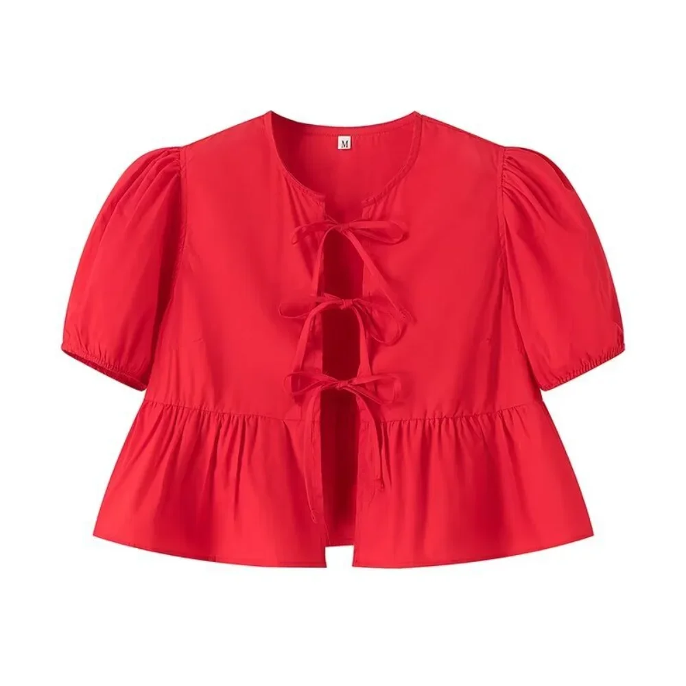 

2025 Summer New Women's Elegant Kawaii Peplum Blouse Tops Short Puff Sleeve Round Neck Bow Tie-Up Front Babydoll Flare Shirts