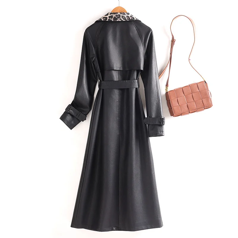 2025 인조 가죽 트렌치코트 여성용 엑스트라 롱 오버코트 봄 가을 배색 레오파드 칼라 허리끈 바람막이 스트리트웨어