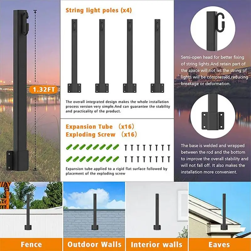 

4pcs Outdoor String Light Pole Metal Lights Lifters Outside Standing Lights Hanger Poles Screws Secure Ground Lamp Pole For Home