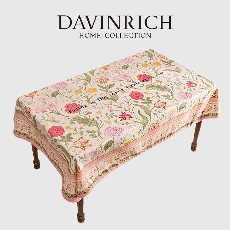 DAVINRICH Rococo Style Tablecloth Hydrangea Flowers Print French Romantic Table Cloth Cover Tabletop Fabric 140x200cm Pink Color