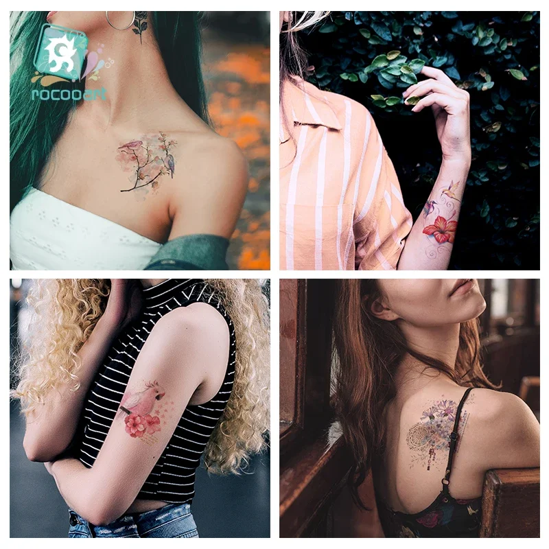 Rocooart Women Arms Tattoo Stickers Flowers Birds Anchor Tatoo Girls Hand Fake Tatto Waterproof Temporary Tattoos For Makeup