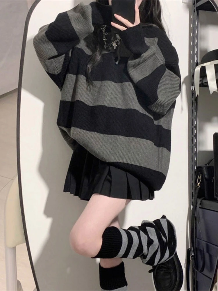 2024 Vintage Autumn Fashion Black Striped Pullovers Women Knitted Oversized Hooded Sweaters Y2k Aesthetic Loose Grunge Jumpers