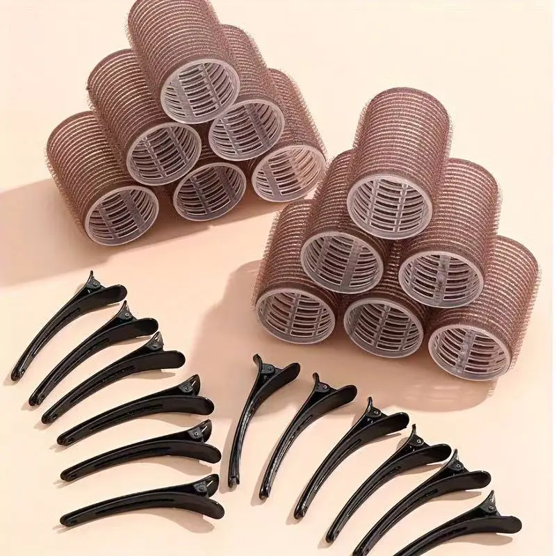 12pcs/Set Hair Roller Sets 12pcs Plastic Self Grip Hair Curlers Hair Rollers 12pcs Metal Clips DIY Hairdressing Tools