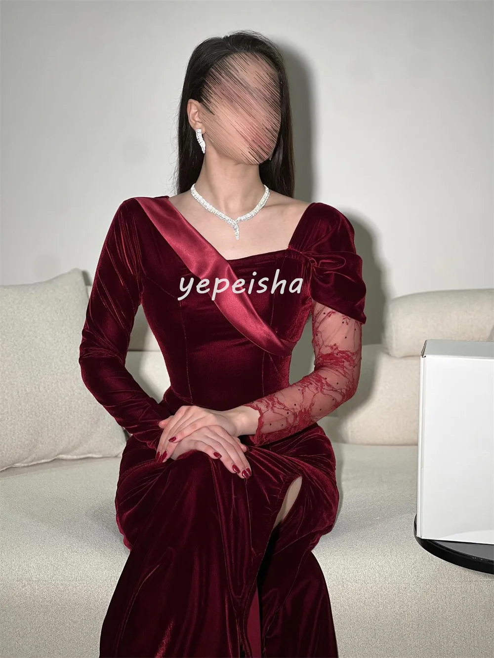 Customized Sexy Fashion Velour Pleat Lace Ruched Mermaid Square Neck Midi Dresses Evening Dresses Exquisite Sizes Available