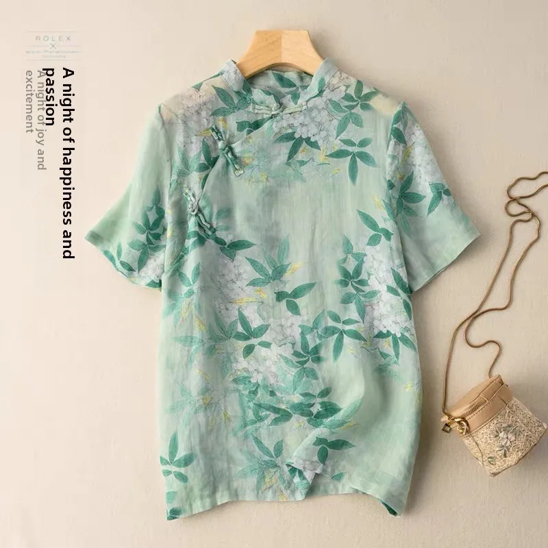 中国風唐装風夏服新作アートプリント綿麻ゆったりレディース薄手Tシャツボタン飾り
