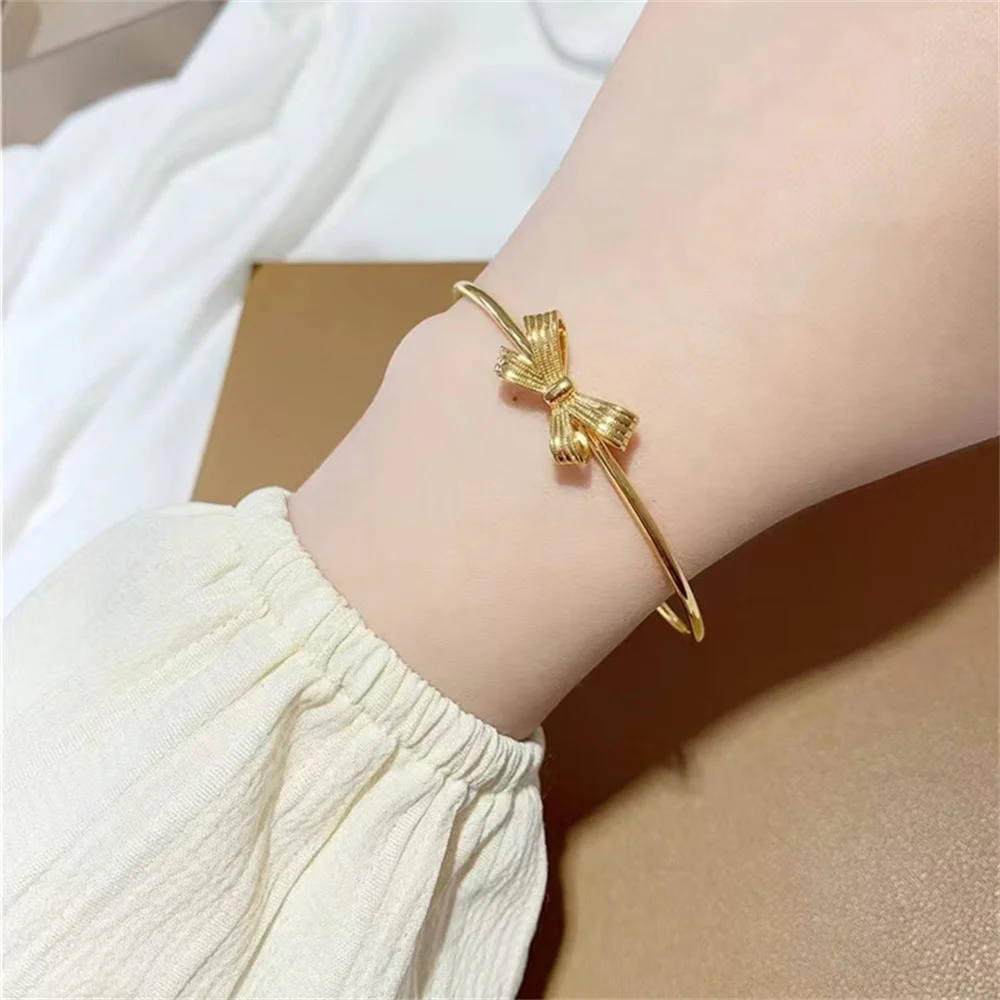 OUYADI 14K Gold Plated Stainless Steel Slider Adjustable Bangle,Hollow Bowknot Bow Design Sweet Women Fine Jewelry Gift