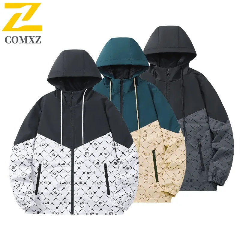 

COMXZ 2025 Мужская и женская лоскутная куртка для пар, весенне-осенняя уличная легкая спортивная повседневная водонепроницаемая ветровка, пальто