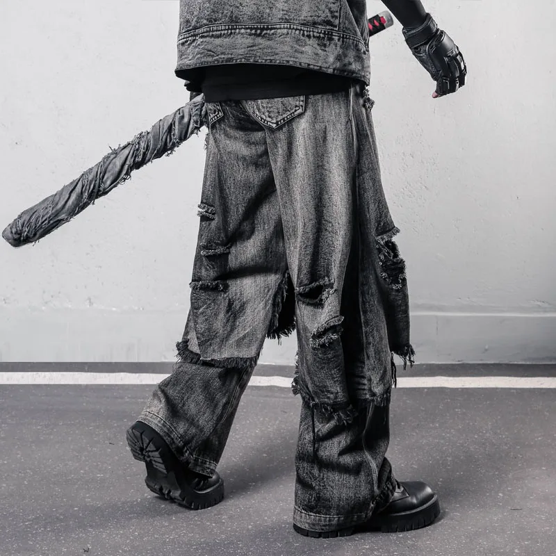 Designer Wasteland Style American Tactical Pants Heavy Industry Fake Two-Piece Jeans Men's Retro Hem Ripped Pants Fashion