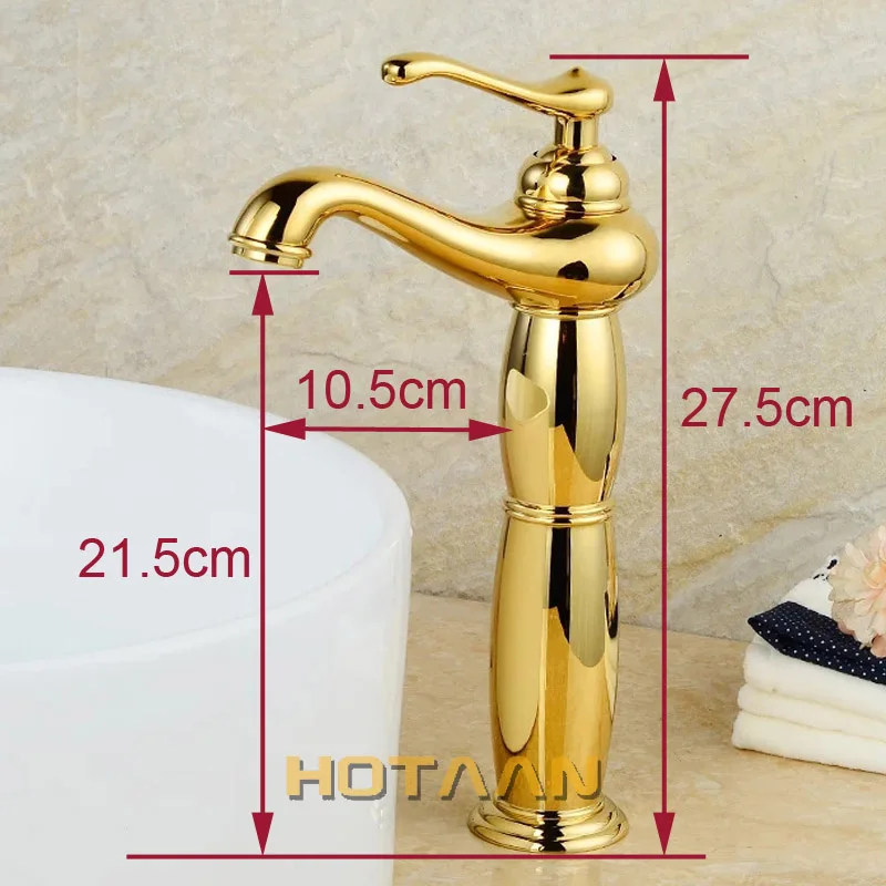 Copper Gold Basin Faucet Deck Mount 1 Hole Mixer Tap Hot Cold Water Bathroom Sink Vessel Faucet YT-5062-G