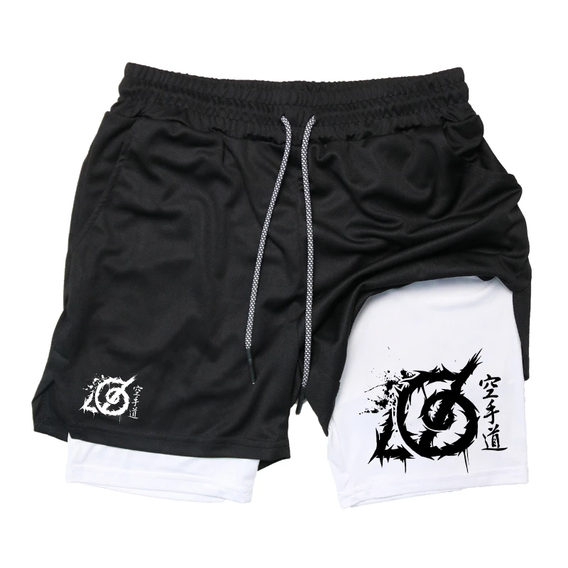 Karate Graphic 2 in 1 Workout Running Shorts for Men Gym Athletic Sport with Compression Liner Phone Pocket Towel Loop