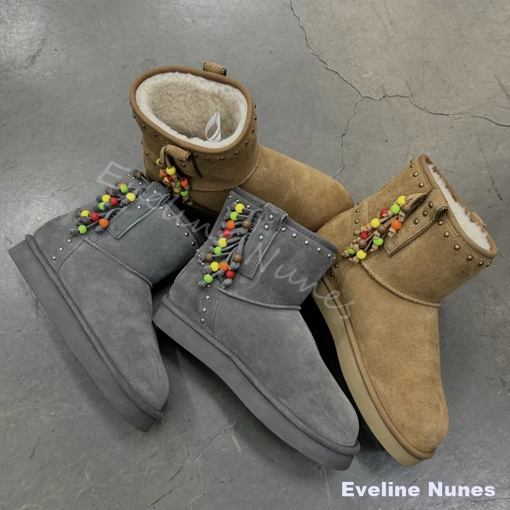 Men Boho Fringe Beaded Snow Boots Suede Thick Ankle Boots Rivet Decor Side Zipper Warm Winter Flat Furry Lining Short Boots