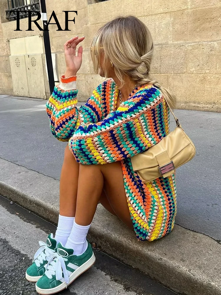 TRAF Autumn Fashion Women Streetwear Crochet Striped Knit Open Stitch Colorful Sweater Vintage Loose Long Sleeve Cardigans