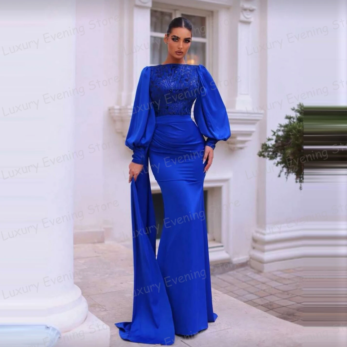 ชุดราตรีสีน้ำเงินเรียบง่าย ชุดเดรสทรงเมอร์เมดแขนยาวสำหรับผู้หญิง ชุดราตรีงานพรอมประดับลูกไม้ ชุดออกงานทางการ ชุดแต่งงานแบบสั่งตัด