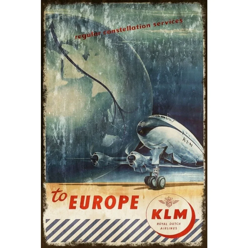 KLM Royal Dutch Airlines To Europe Vintage Airplane Tin Sign - Vintage Durable Metal Plaque Wall Decor, Home Office Bar Man Cave