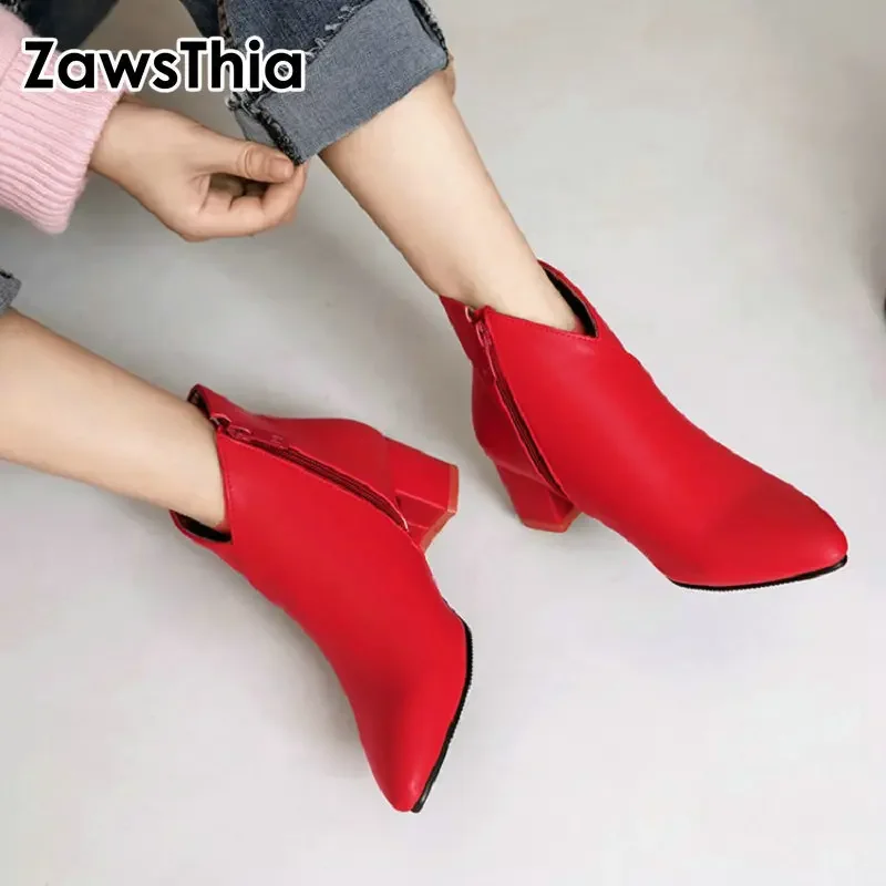 ZawsThia 2020 winter V cut design cheap fashion red blue woman boots pointed toe chunky high heels women ankle boots size 34-44