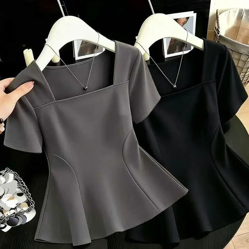 Two-piece Package, Large-size Front Shoulder Square Neck Short-sleeved T-shirt, Women's Summer Fat MM Meat-covering and Thin Top