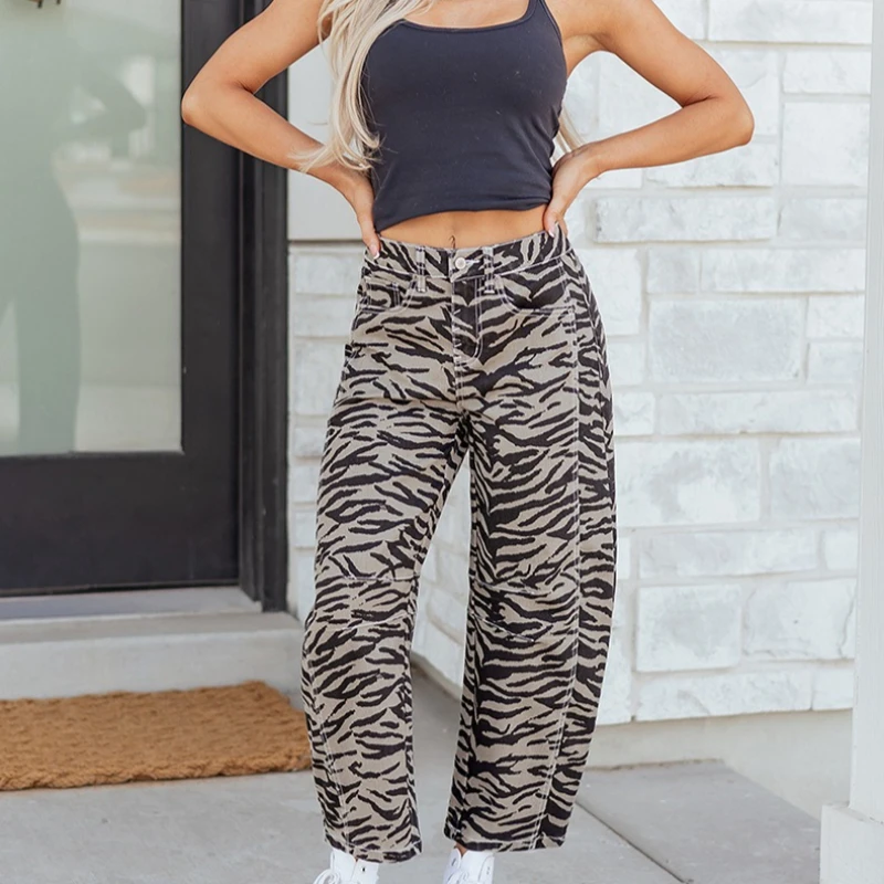 

2026 Women Denim Jeans Zebra Print Jean Pocket Button Zipper Fly Empire Waist Ankle Length Wide Leg Pants Loose Casual Winter