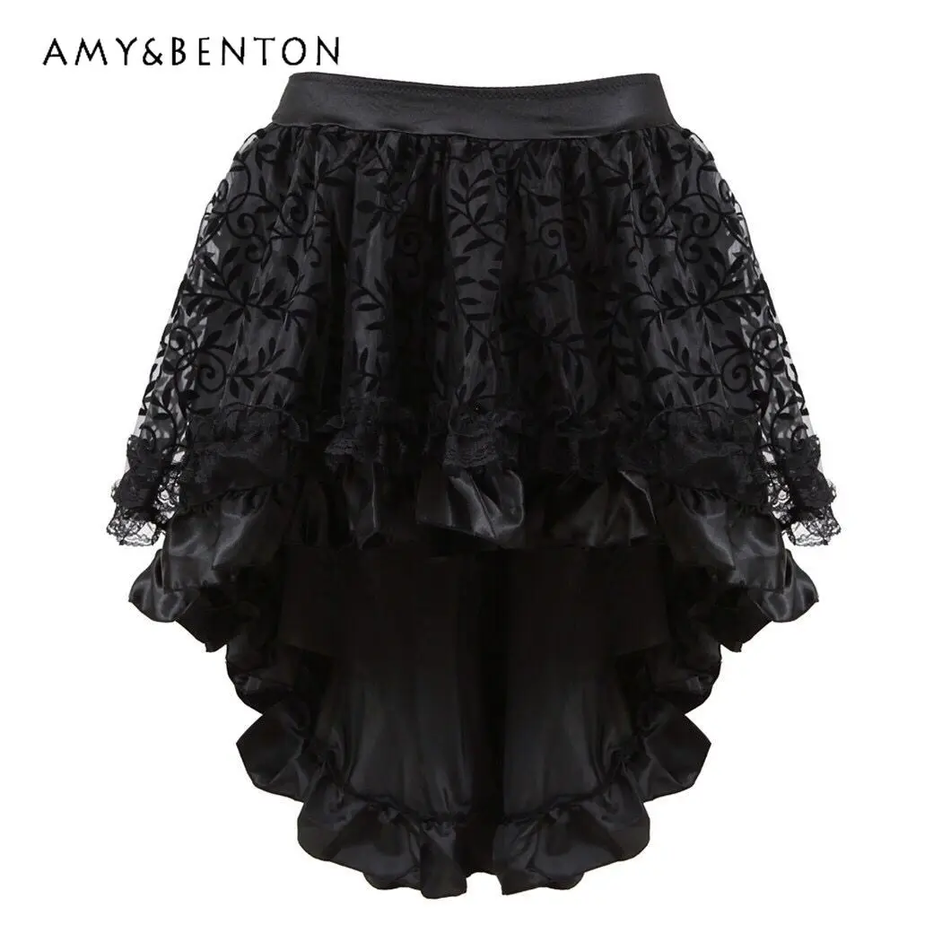 Gótico escuro tribunal medieval irregular frente curta volta saia longa senhoras de alta qualidade versátil renda saia curta