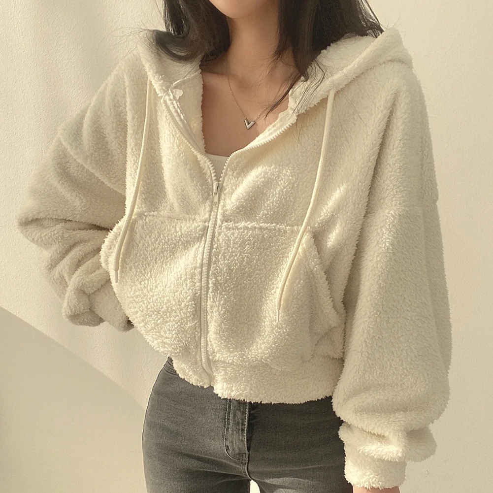 Cropped Hooded Jacket for Women with Full Zip Lamb Fleece Lining Casual Outerwear Suitable for Seasons Cropped