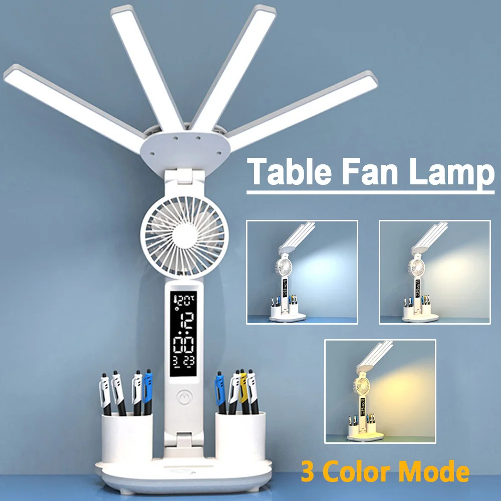 

Multifunction LED Table Lamp 4-headed Folding Light with Fan+Calendar+Clock USB Rechargeable Desk Lamp 3 Color Reading Lamp