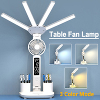 Multifunction LED Table Lamp 4-headed Folding Light with Fan+Calendar+Clock USB Rechargeable Desk Lamp 3 Color Reading Lamp