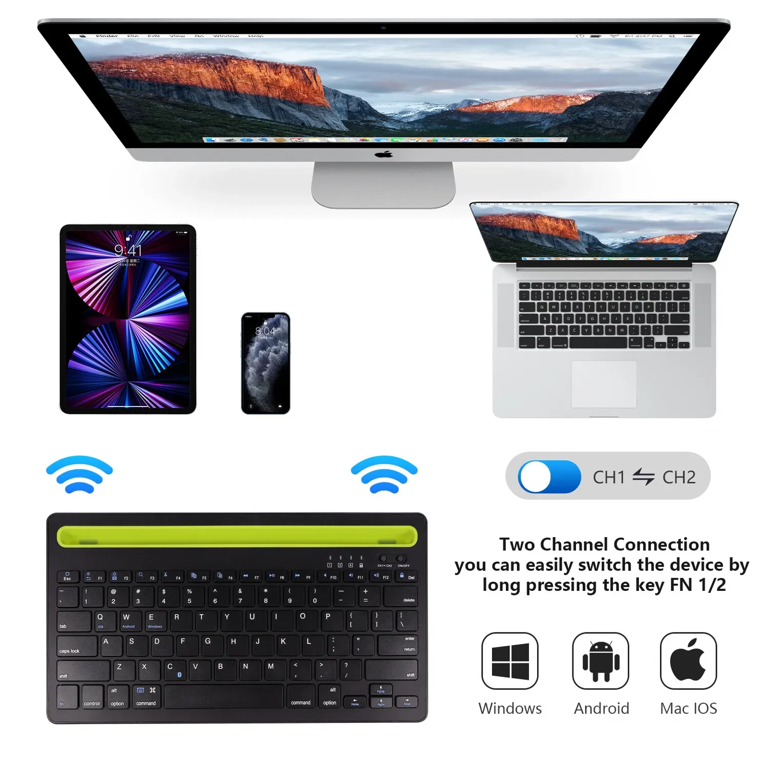 Double Bluetooth Device Connection WIreless Keyboard With Slot Rechargeable Quite Comfortable keyboard For Android IOS Tablet