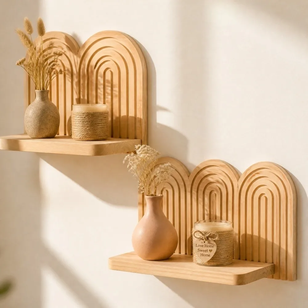 Threaded Structure Wall Plant Holder Multi Tier Solid Wood Wooden Wall Shelf Multi Layer Design Natural Wood Grain