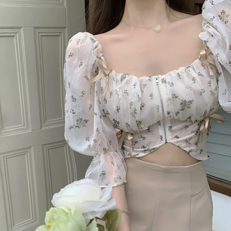 Women\'s Square Neck Floral Light Chiffon Shirt Blouse See Through Bubble Sleeve Short Sleeve Bowknot Short Blouse Tops