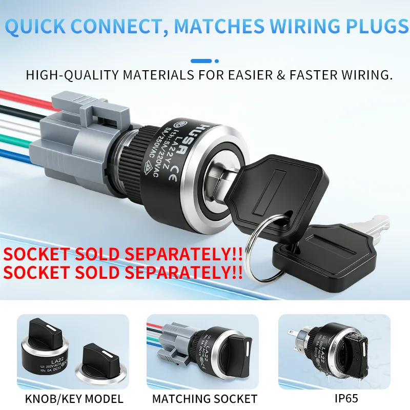 LA22Y 22mm Anti‑Static Key Knob Selector Switch, 2/3 Position, Latching Momentary Changeover Switch HUSA