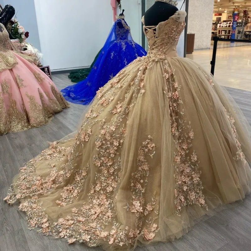 ANGELSBRIDEP Champagne Shiny Beading Lace Applique 3D Flower Quinceanera Dresses Ball Gown Appliqued Tulle Pageant Prom Gowns