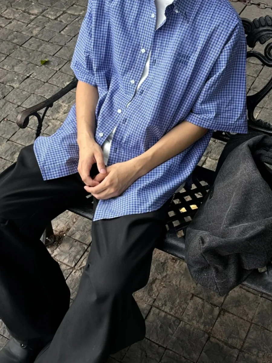 Été nouveau américain rétro bleu Plaid ort Sve irt ample décontracté polyvalent brodé hommes femmes irt Jaet