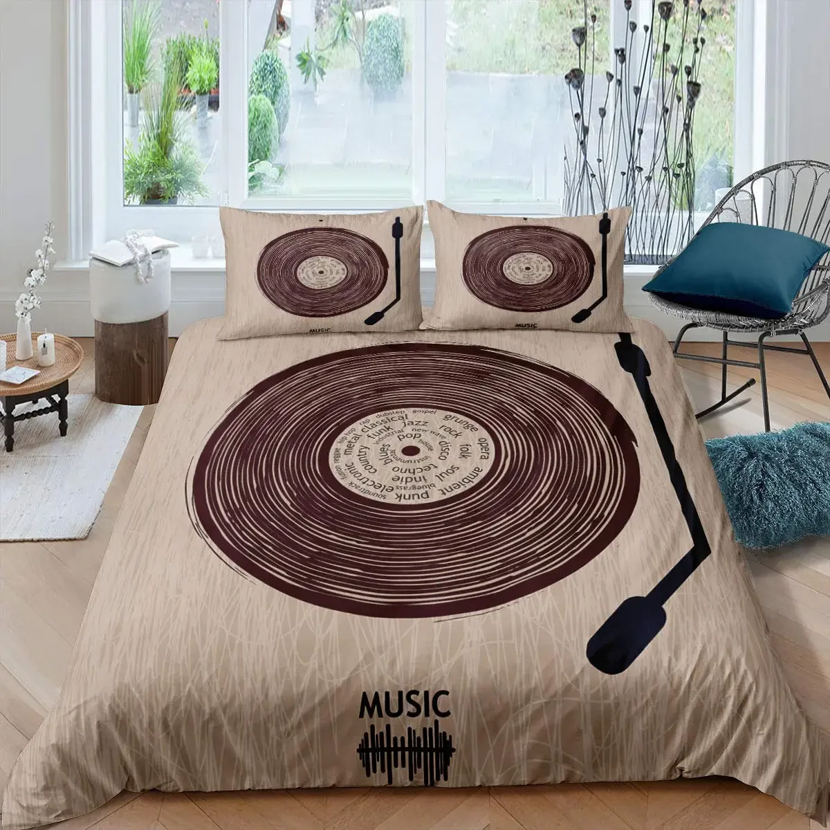 Duvet Cover Gramophone Records and Old Audio Cassettes  Nostalgia Music Bedroom Decorative Bedding Set Blue Orange Black Adults