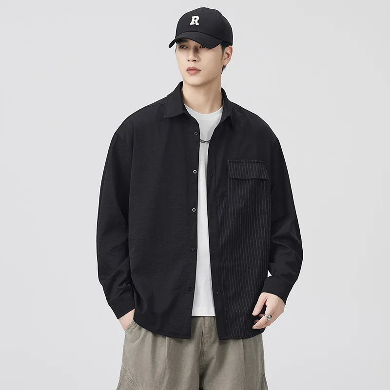 Pop New Men's Patchwork Color-Block Shirt High-Street Fine-Stripe Design Shirt Men's Loose-Fit Versatile Casual Long-Sleeve Shir