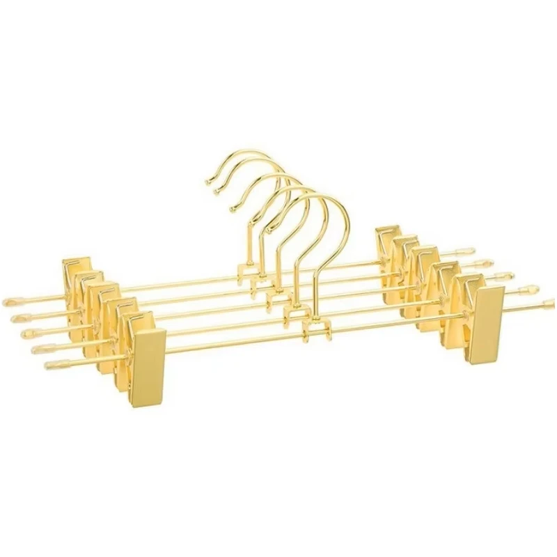 Custom Pack Metal Heavy Duty Pants Skirt Hangers Shiny Gold Trousers Hangers with 2 Adjustable Non Slip Clips Rack Swivel Hook