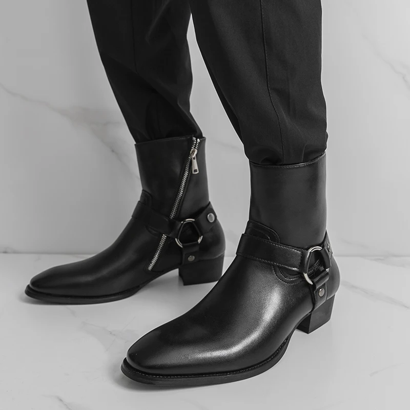 

Модные брендовые мужские дышащие уличные ковбойские сапоги, классические черные осенние удобные кожаные туфли с острым носком и боковой молнией