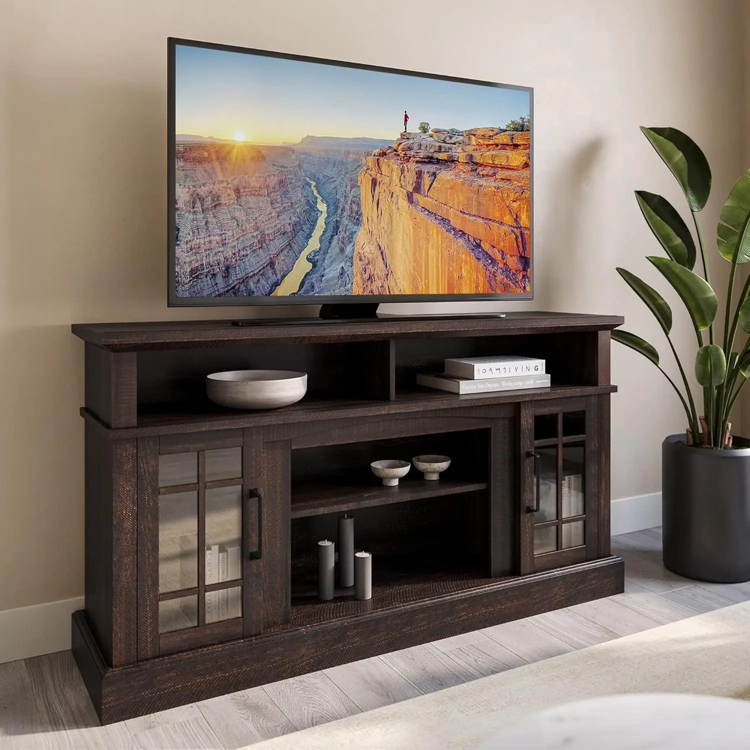 Traditional 58 Inch Rustic Wood TV Stand & Media Entertainment Center Console Table for TVs up to 65 Inches with Open Storage