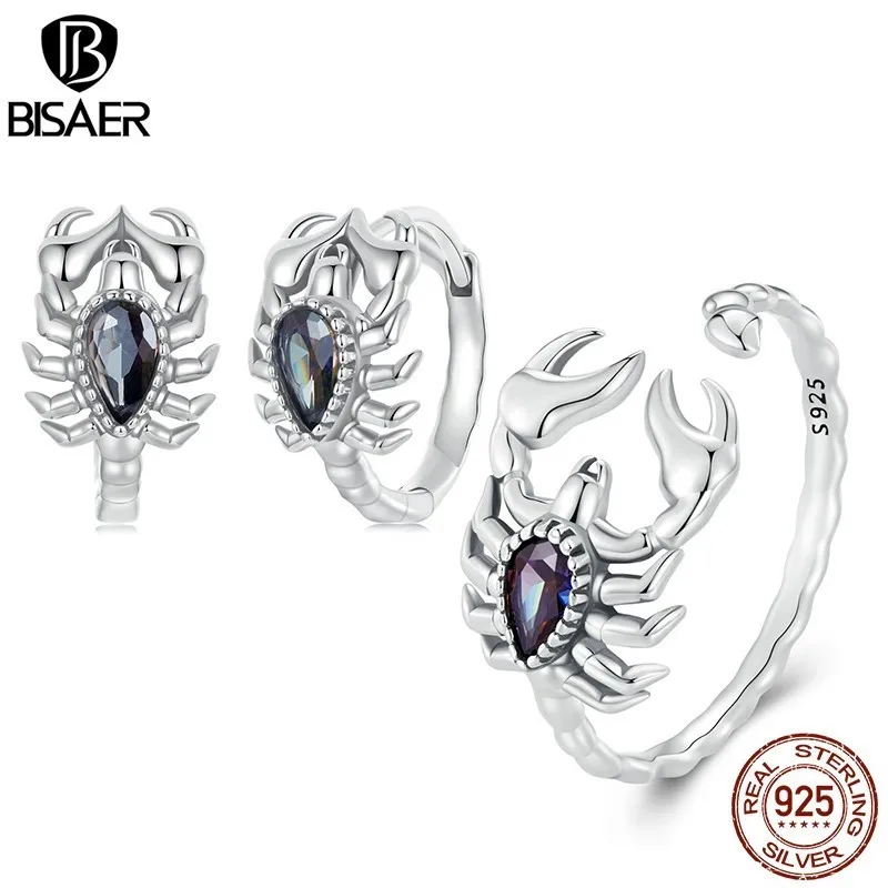 BISAER 925 Sterling Silver Vintage Scorpion Open Ring Scorpion Hoop Earrings for Women Adjustable 5-9 Size Fine Jewelry Holiday