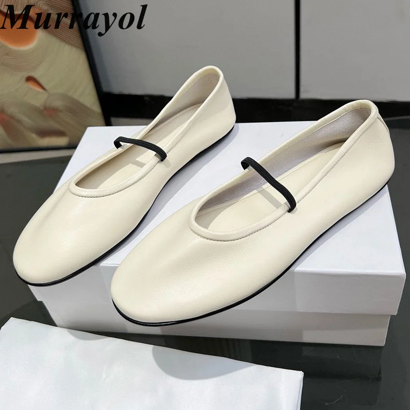 

Women's Round Toe Real Leather Flat Walking Shoes Shallow Mouth Elastic Band Lazy Loafers Spring Autumn Soft Sole Ballet Shoes