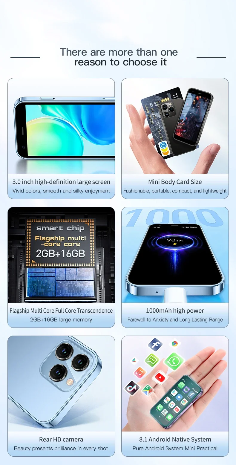 FUFFI I16 Pro Mini Smartphone Android Phone Face ID Portable 8.1 Mini Celulare 3.0 Inch HD 16GB ROM 1000mAh Battery Cellphone